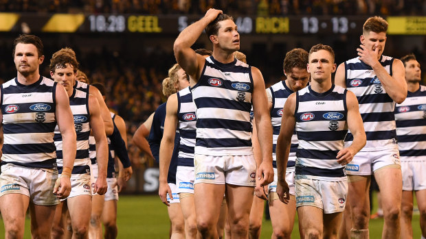 The Cats leave the MCG after their 2017 finals defeat against the Tigers.