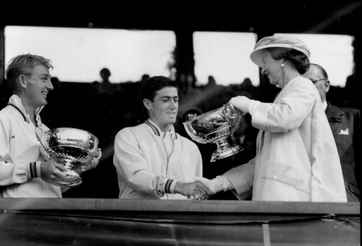The Duchess of Kent presents trophies to Australians Lew Hoad (left) and Ken Rosewall, after their Men’s doubles victory at Wimbledon, July 8, 1956.