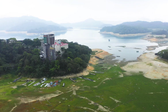 The shrinking water reserves of the Sun Moon Lake.