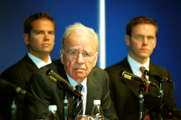 Rupert Murdoch with sons Lachlan and James in 2002.
