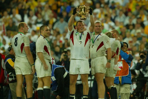 Thompson celebrates winning the 2003 Rugby World Cup with his England teammates. "I can’t remember it," he said of the moment just 17 years ago. "I’ve got no feelings about it."