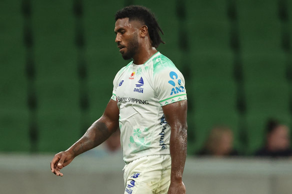 Fijian halfback Frank Lomani leaves the field after being red-carded on Friday evening.