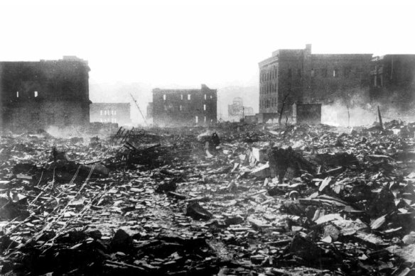 A pall of smoke lingers over this scene of destruction in Hiroshima, Japan, on August 7, 1945, a day after the explosion of the atomic bomb. 