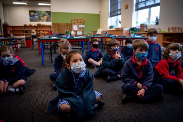 Prep students on their first day at St Margaret Mary’s school in Brunswick this week.