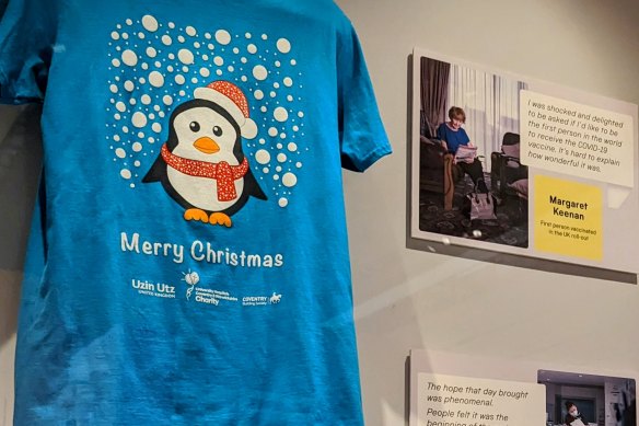 The Merry Christmas T-shirt worn by British woman Margaret Keenan, the first person to receive a COVID-19 vaccine, on display at Britain’s Science Museum in London.