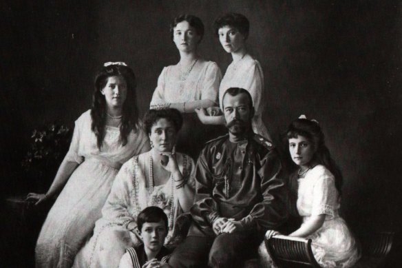 The Russian Imperial Family, 1913. Left to right: Grand Duchess Maria, tsarina Alexandra, Grand Duchesses Olga and Tatiana, Tsar Nicholas II, and Grand Duchess Anastasia. Tsarevich Alexei sits in front of his parents. 
