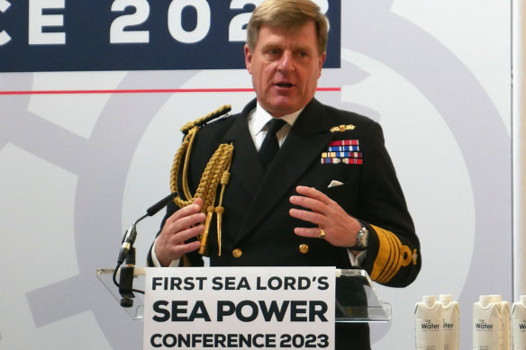 First Sea Lord Admiral Sir Ben Key addressing the First Sea Lord’s Sea Power conference at Lancaster House in May 2023.