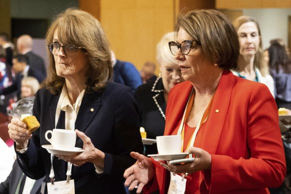 Chief Scientist Dr Cathy Foley (left) and Australian Banking Association chief executive Anna Bligh at the Jobs and Skills Summit in Canberra.