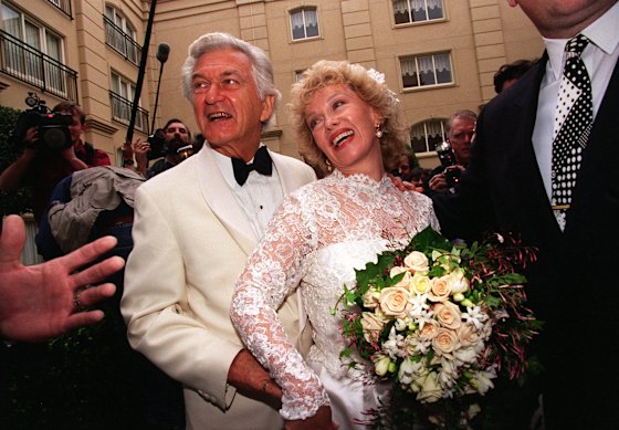 Former prime minister Bob Hawke and Blanche d’Alpuget at the Ritz-Carlton, Double Bay, following their marriage in 1995.