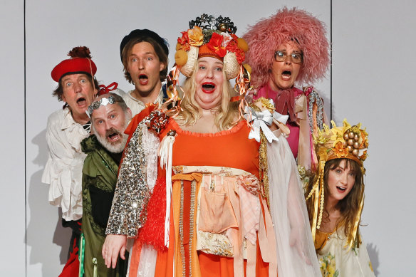 Left to right:  Robert Menzies, Glenn Hazeldine, Sean Keenan, Bessie Holland, Katherine Tonkin and Esther Hannaford in the 2019 STC/MTC revival of Cosi.