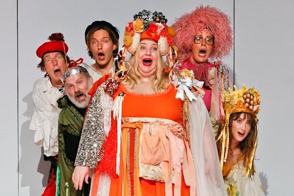 Left to right:  Robert Menzies, Glenn Hazeldine, Sean Keenan, Bessie Holland, Katherine Tonkin and Esther Hannaford in the 2019 STC/MTC revival of Cosi.