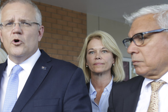 Katrina Hodgkinson pictured with Prime Minister Scott Morrison and Warren Mundine in 2019.