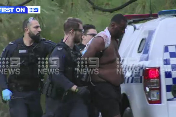 Man being taken into custody at Fitzroy Gardens. 