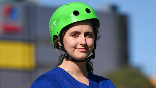 Nurse Lucy Dahan uses e-scooters to commute from The Alfred hospital to her home after working night shifts.