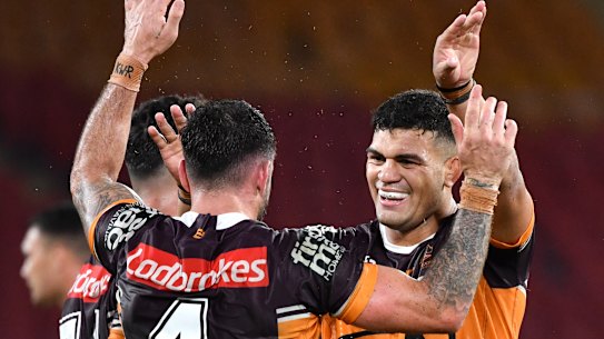 David Fifita (right) of the Broncos celebrates the win over Souths with Darius Boyd at Suncorp Stadium on Friday, March 20.