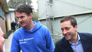 New chief of staff Nick McGowan (left), pictured with Opposition Leader Matthew Guy, when he ran for the seat of Eltham in 2018.