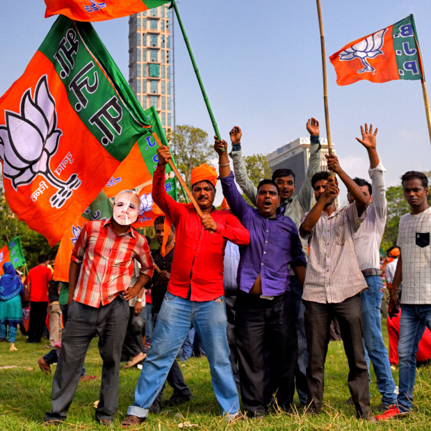 Supporters of Modi's BJP at a rally of 150,000 people in Kolkata in April.