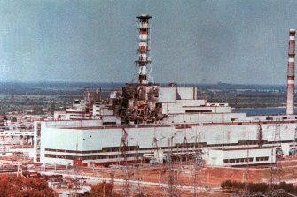 An aerial view of the Chernobyl nuclear power reactor shows damage from the explosion and fire.