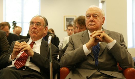 Former prime minister Gough Whitlam with speechwriter Graham Freudenberg at the National Archives in Canberra, 2005. 
