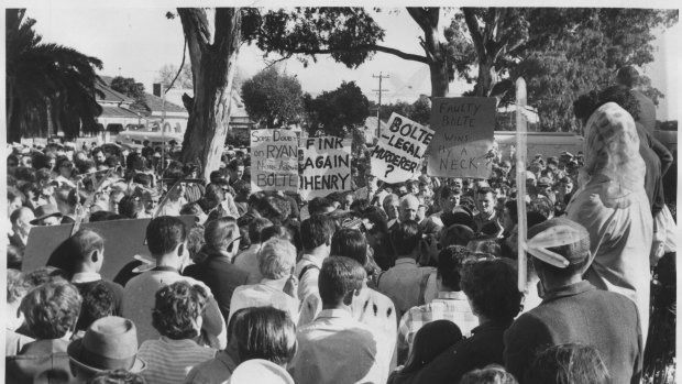 A crowd demonstrates against the hanging of Ronald Ryan.