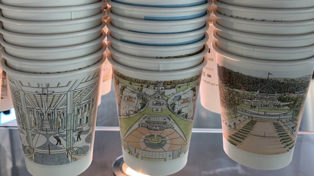 Takeaway coffee cups in Parliament House. Customers at the new Coffee Hub receive a 20 cent discount for bringing their own cup.