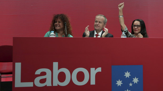 Labor leader Bill Shorten with Senator Malarndirri McCarthy and opposition spokeswoman for families and social services Linda Burney on the second day of the party conference.