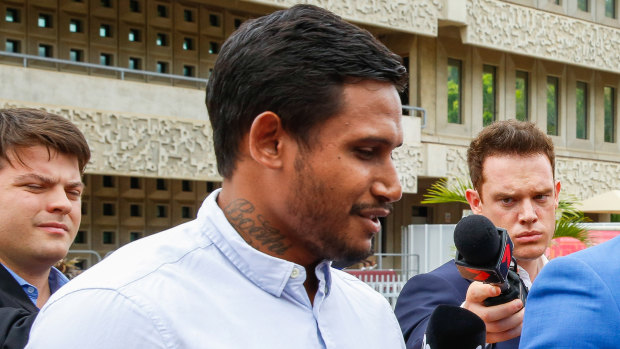 Former NRL player Ben Barba speaks with media outside Townsville Magistrate Court last month.