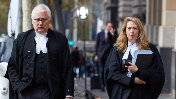 Defence barristers Bret Walker, SC, and Ruth Shann outside court on Thursday.