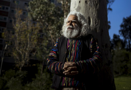 Uncle Jack Charles, pictured at Atherton Gardens, will lending his voice and anecdotes to Yalinguth, a project documenting the history of Fitzroy's Aboriginal  history.