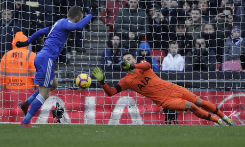 Tottenham Hotspur goalkeeper Hugo Lloris saves a penalty shot from Leicester City's Jamie Vardy at Wembley on Sunday.