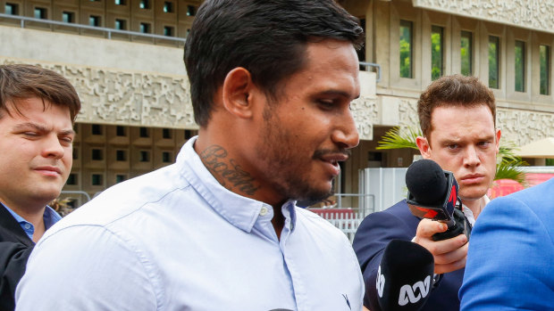 Former NRL player Ben Barba speaks with media outside Townsville Magistrate Court.