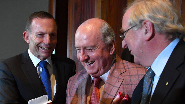 Former prime minister Tony Abbott, with Alan Jones and Kevin Donnelly.