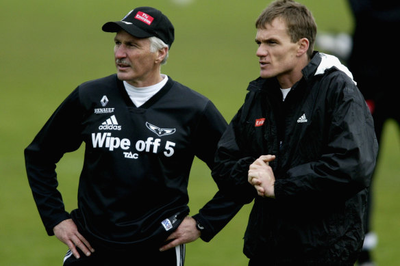 Mick Malthouse with Laidley at Victoria Park, when Laidley was a Magpies assistant.