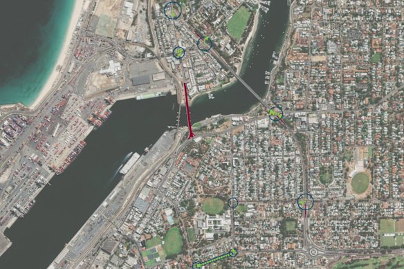 The changes to nearby intersections. Red indicates a road closure, green indicates a change in traffic flow.