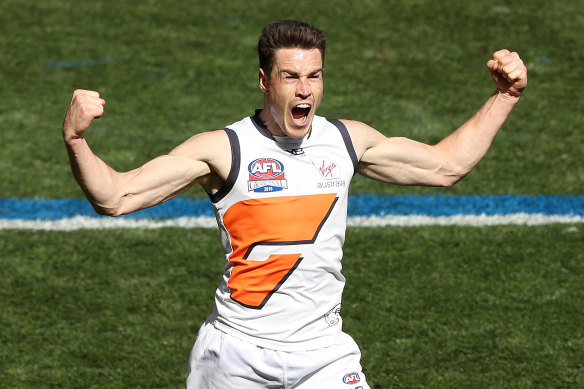 Jeremy Cameron celebrates after scoring a goal during the grand final last year. 