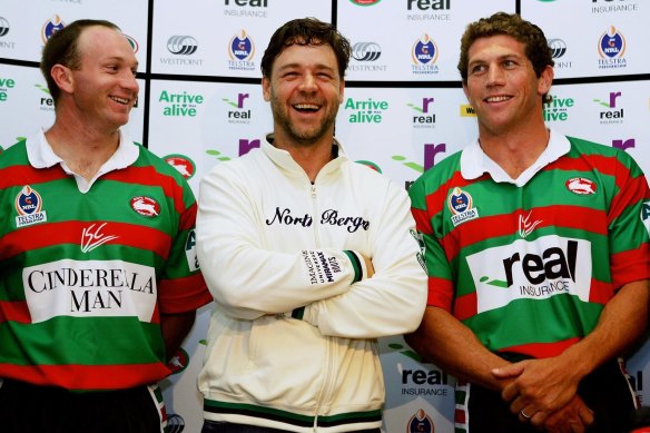 Russell Crowe, centre, didn’t want Souths to be beholden to poker machines.