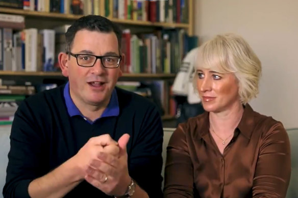 Daniel Andrews and his wife, Catherine, in a still from the video released on Sunday. 