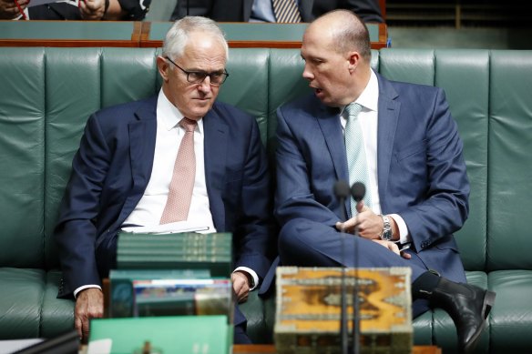Malcolm Turnbull and Peter Dutton in the House of Representatives in 2017.