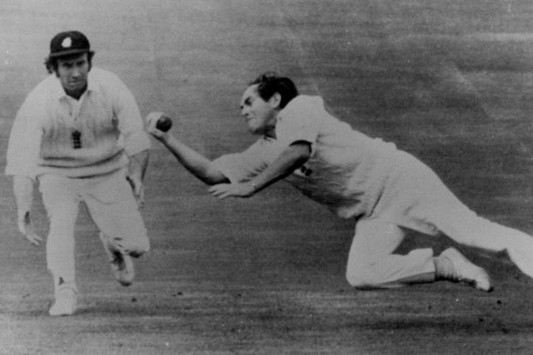 England skipper Ray Illingworth completes a brilliant juggling act to end the innings of Australia’s Paul Sheahan. He is watched on by Keith Fletcher on the first day of the fourth Test at Headingley, Leeds in 1972. 