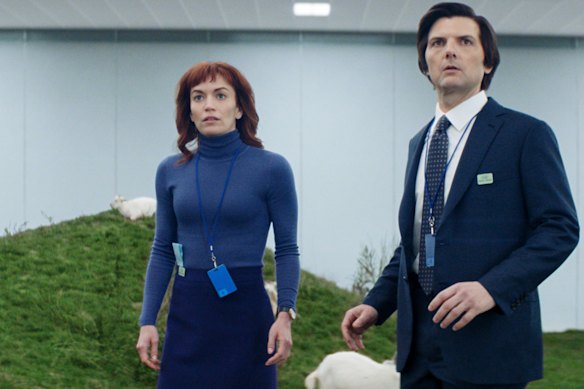 Britt Lower as Helly and Adam Scott as Mark in the workplace drama Severance (with added goats).