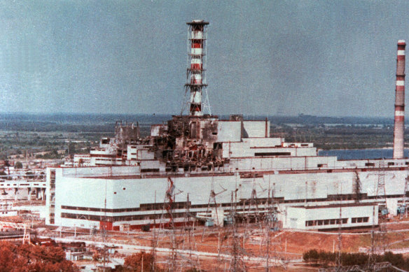 An aerial view of the Chernobyl nuclear power reactor shows damage from the explosion and fire.