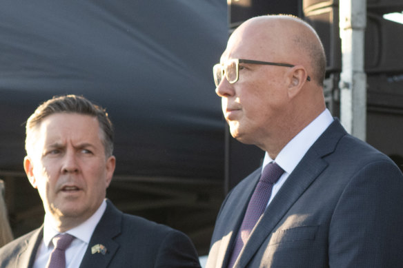 Federal Health Minister Mark Butler (left) and Federal Opposition Leader Peter Dutton (right) attend a vigil in support of Israel.