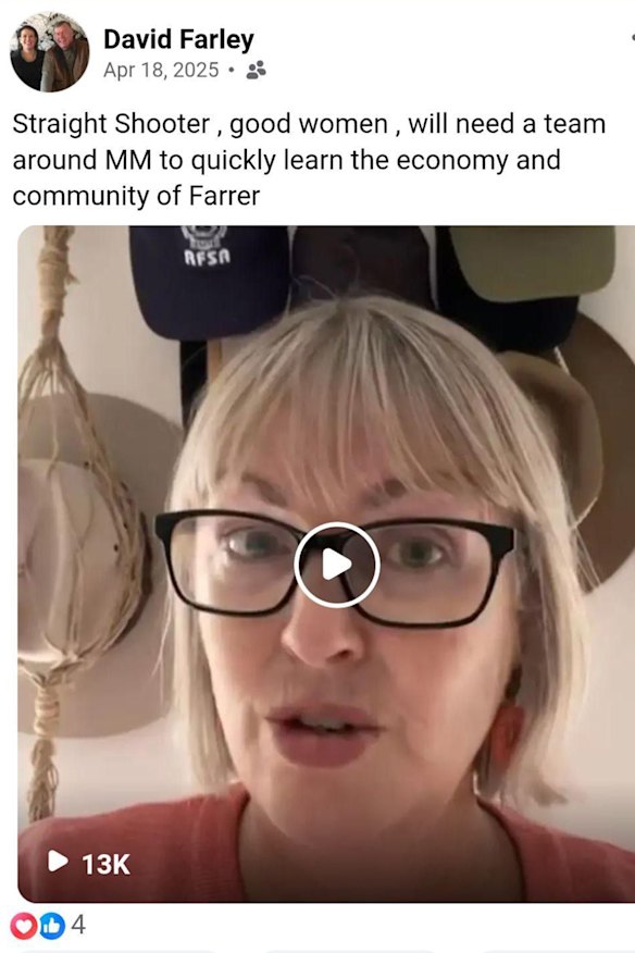 A Facebook post from David Farley before the 2025 federal election, endorsing Michelle Milthorpe – who he’s now running against.