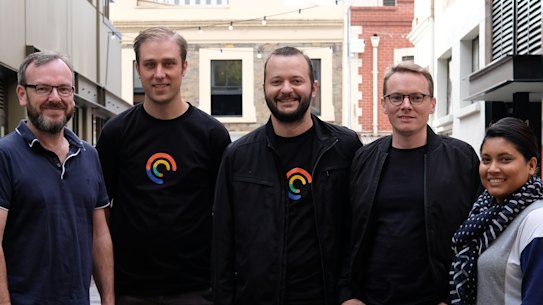 Pocket Casts founder Russell Ivanovic, centre, and his crew.