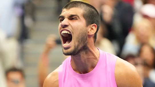 Carlos Alcaraz, of Spain, celebrates after defeating Jannik Sinner, of Italy, in the men’s singles final of the U.S. Open tennis championships, Sunday, Sept. 7, 2025, in New York. (AP Photo/Kirsty Wigglesworth)