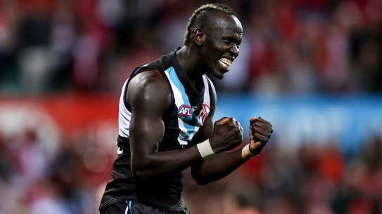 Aliir Aliir celebrates his match-winning touch against his old side.