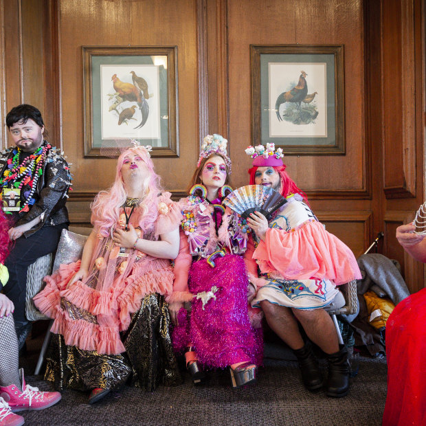 The stars of Drag Syndrome “take you to a different world”: from left, Nikita Gold, Drag “King” Justin Bond, Miss Gaia Callas, costume designer Sophie Cochevelou, Horrora Shebang and Davina Starr. 