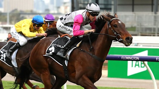 Surprise Baby ridden by Jordan Childs wins The Bart Cummings at Flemington. 