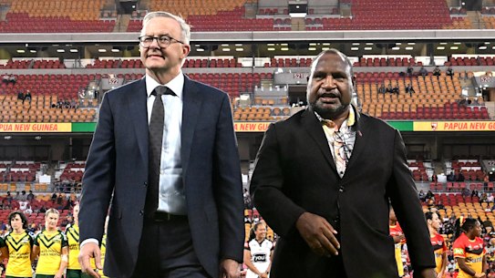 Prime Minister Anthony Albanese and Papua New Guinean Prime Minister James Marape at Suncorp Stadium before the Australian Women’s PM’s XIII and PNG Women’s PM’s XIII game last September.