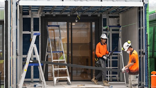The Commonwealth Bank will relax its lending rules for prefabricated homes, which are being constructed at Modscape’s factory in Essendon Fields before being transported. 